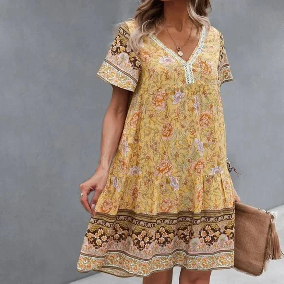 Yellow multi print Floral Smock Dress - Picture 5 of 6